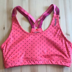 Pink black polka dot Reebok Sports Bra Playdry